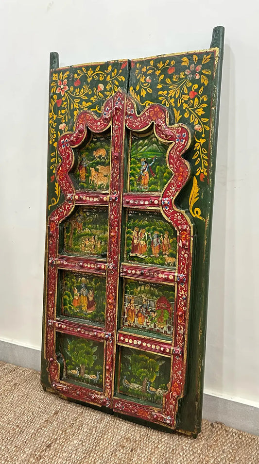 Handcrafted Rajasthani Painted Wooden Door Wall Hanging – Vintage Decorative Art Panel