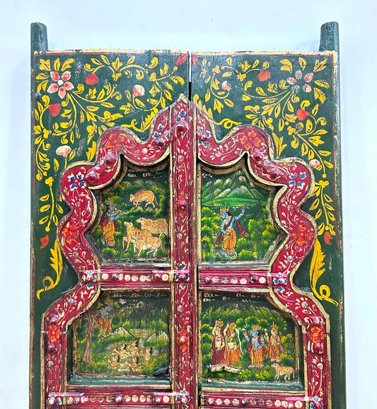 Handcrafted Rajasthani Painted Wooden Door Wall Hanging – Vintage Decorative Art Panel
