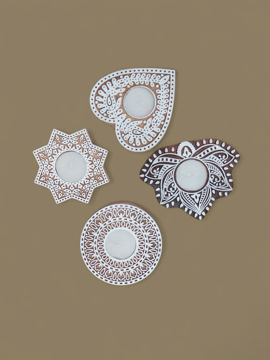 Wooden Carved Block Design T-Light Candle Holder Set