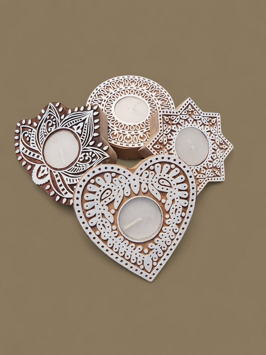 Wooden Carved Block Design T-Light Candle Holder Set