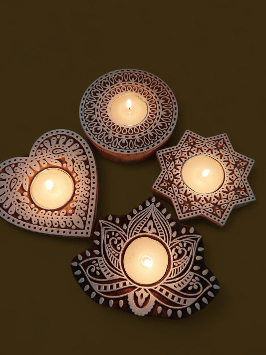 Wooden Carved Block Design T-Light Candle Holder Set