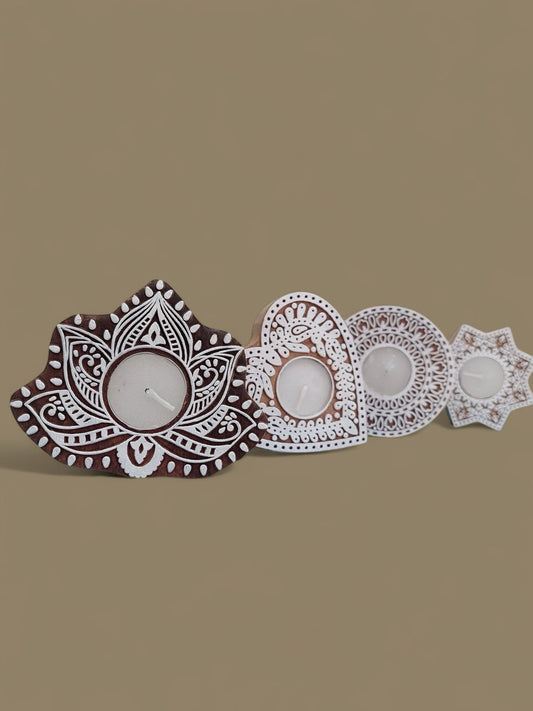 Wooden Carved Block Design T-Light Candle Holder Set