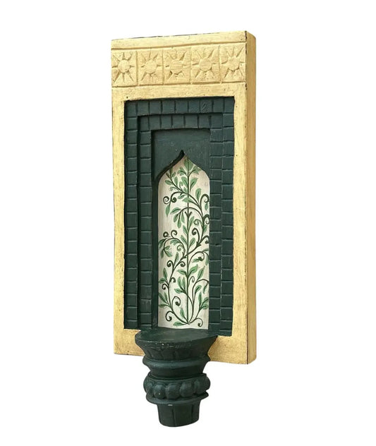 Hand-Painted Wooden Wall Decor Frame with Shelf – Off White & Green Arch Design