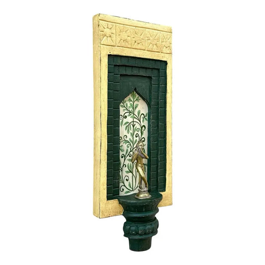 Hand-Painted Wooden Wall Decor Frame with Shelf – Off White & Green Arch Design