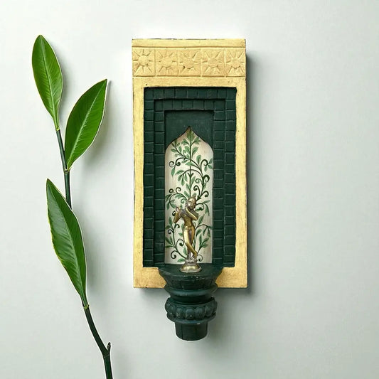 Hand-Painted Wooden Wall Decor Frame with Shelf – Off White & Green Arch Design
