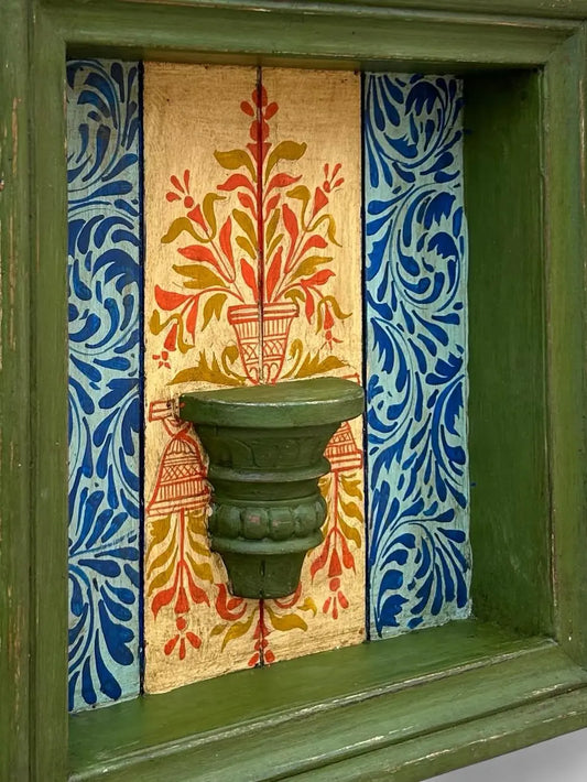 Hand-Painted Square Wooden Wall Frame with Shelf – Green Frame & Ornate Floral Backdrop 18 X 18 Inch