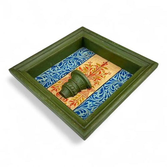 Hand-Painted Square Wooden Wall Frame with Shelf – Green Frame & Ornate Floral Backdrop 18 X 18 Inch