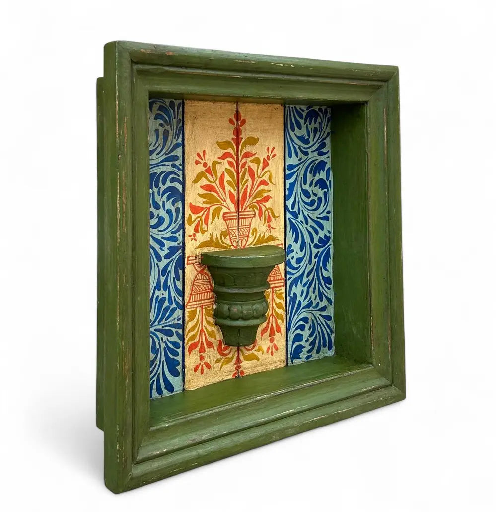 hand-painted square wooden wall frame with shelf – green frame & ornate floral backdrop 18 x 18 inch
