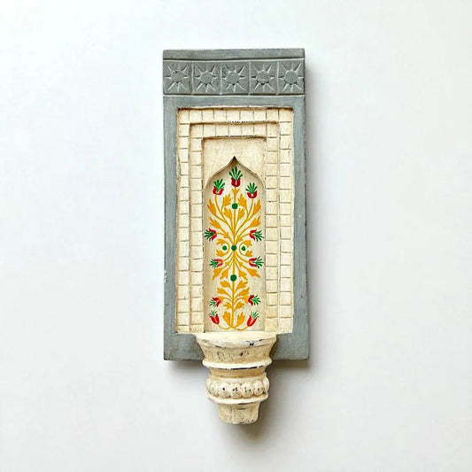 Hand-Painted Wooden Wall Decor Frame with Shelf – White & Grey Arch Design