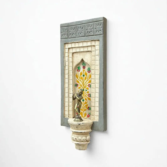 Hand-Painted Wooden Wall Decor Frame with Shelf – White & Grey Arch Design