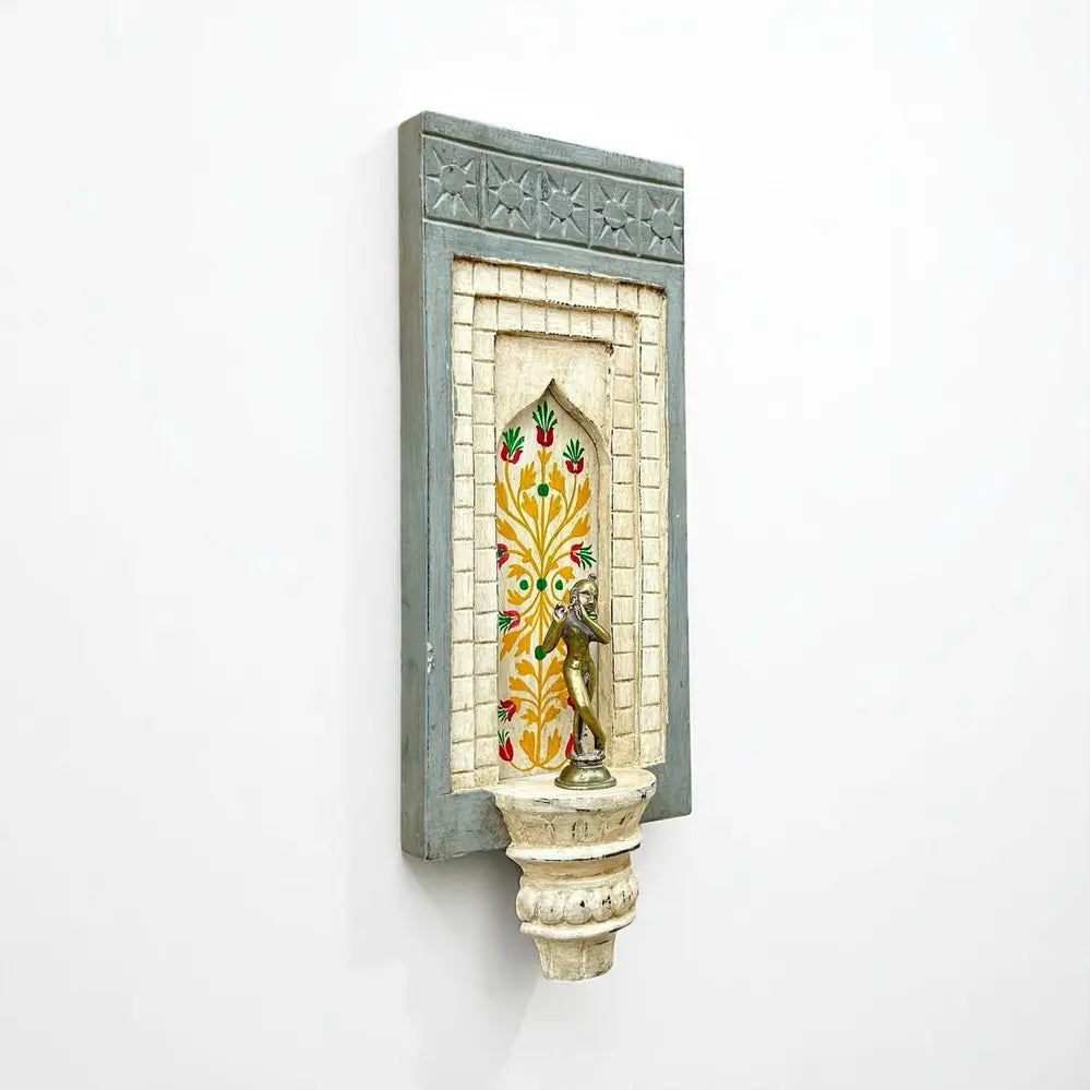 hand-painted wooden wall decor frame with shelf – white & grey arch design