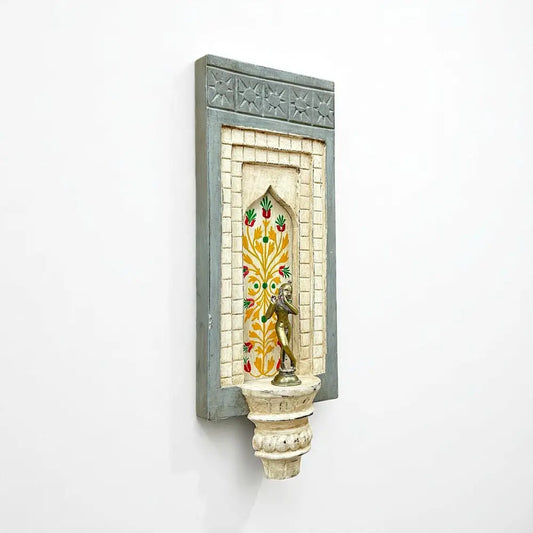 Hand-Painted Wooden Wall Decor Frame with Shelf – White & Grey Arch Design