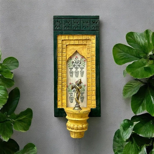 Hand-Painted Wooden Wall Decor Frame with Shelf – Green & Yellow Arch Design