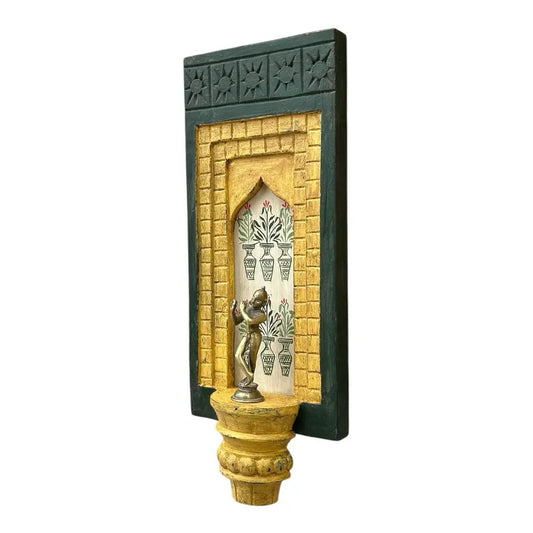 Hand-Painted Wooden Wall Decor Frame with Shelf – Green & Yellow Arch Design