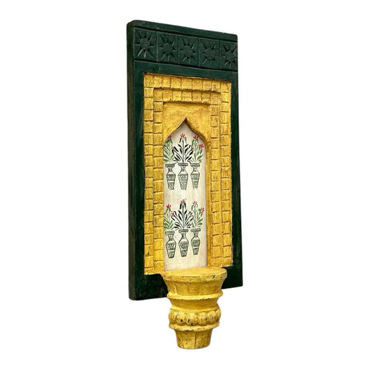 Hand-Painted Wooden Wall Decor Frame with Shelf – Green & Yellow Arch Design