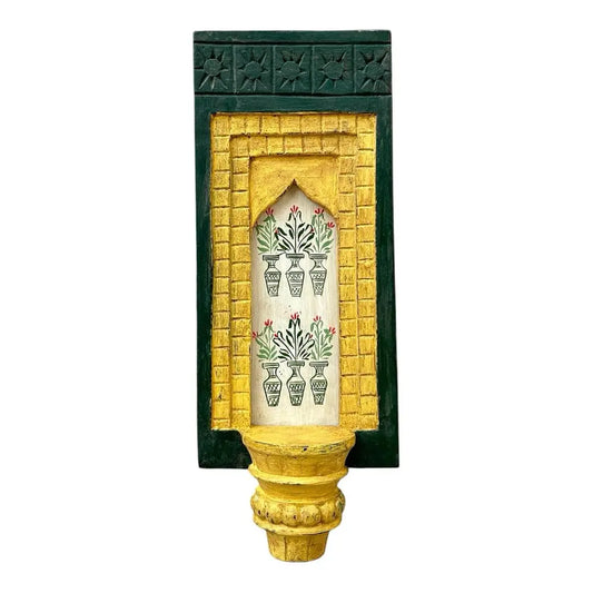 Hand-Painted Wooden Wall Decor Frame with Shelf – Green & Yellow Arch Design