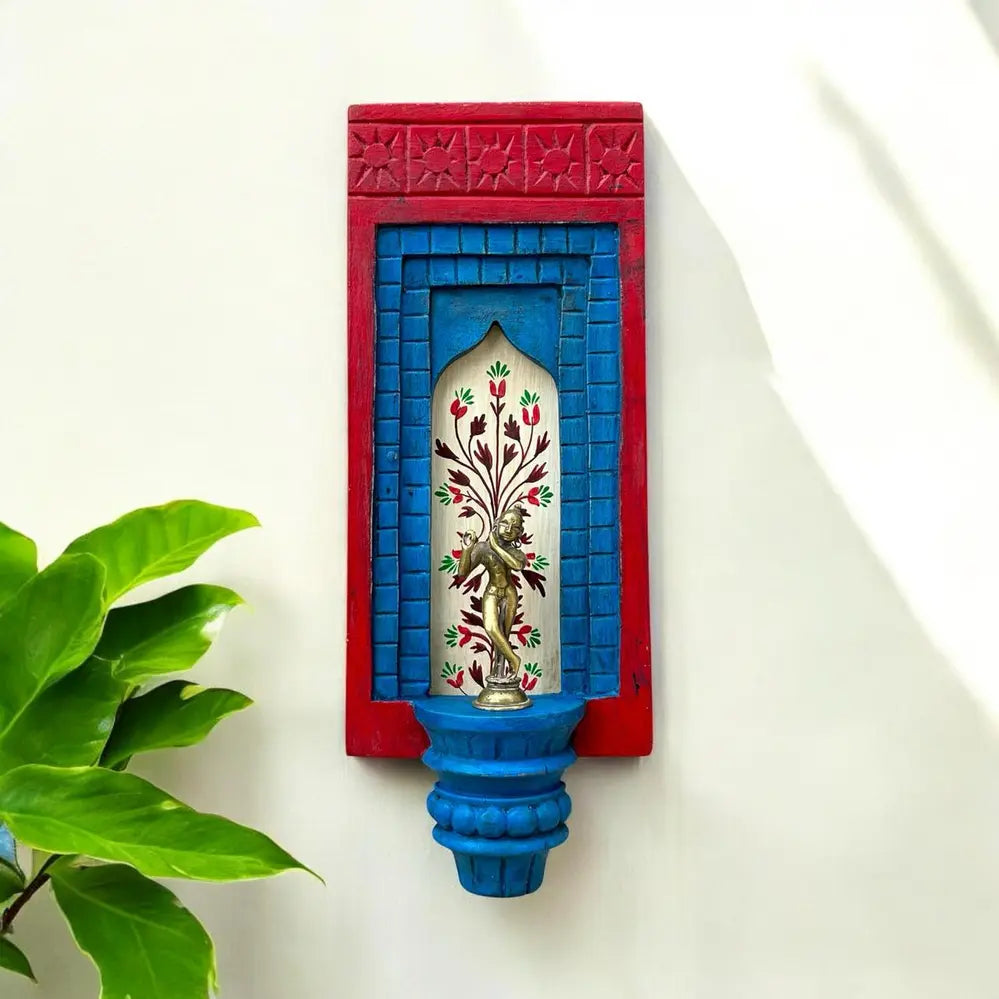hand-painted wooden wall decor frame with shelf – red & blue arch design