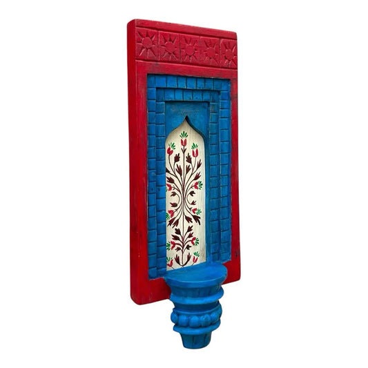 Hand-Painted Wooden Wall Decor Frame with Shelf – Red & Blue Arch Design