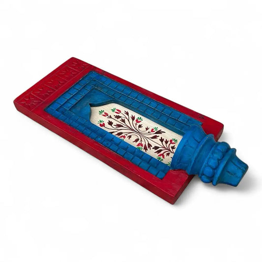 Hand-Painted Wooden Wall Decor Frame with Shelf – Red & Blue Arch Design