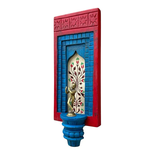 Hand-Painted Wooden Wall Decor Frame with Shelf – Red & Blue Arch Design