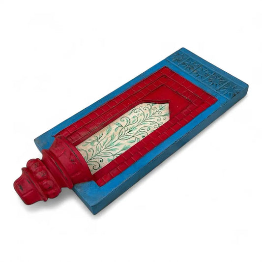 Hand-Painted Wooden Wall Decor Frame with Shelf – Blue & Red Arch Design