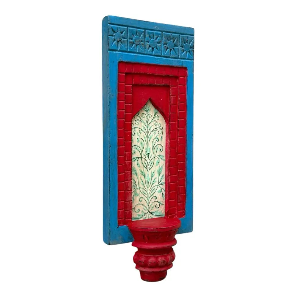 hand-painted wooden wall decor frame with shelf – blue & red arch design