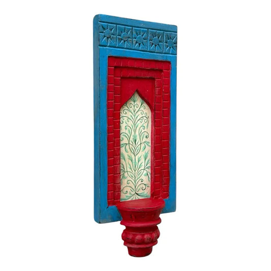 Hand-Painted Wooden Wall Decor Frame with Shelf – Blue & Red Arch Design