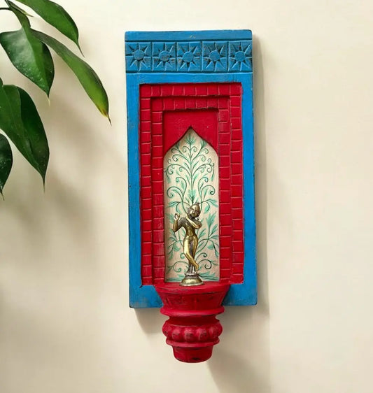Hand-Painted Wooden Wall Decor Frame with Shelf – Blue & Red Arch Design