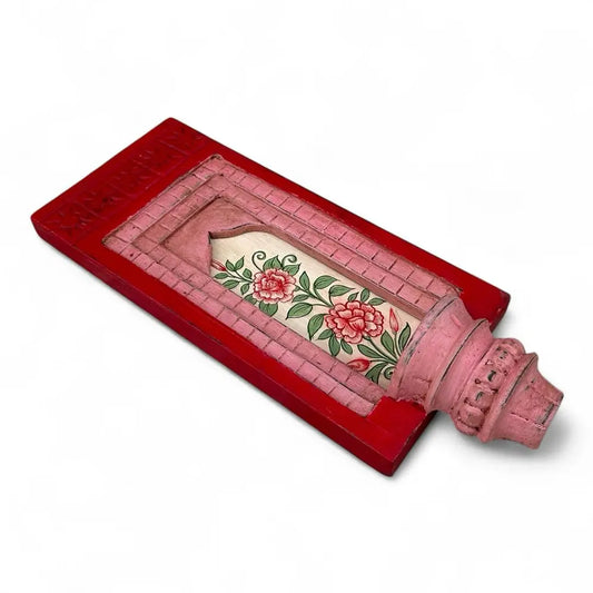 Hand-Painted Wooden Wall Decor Frame with Shelf – Red & Pink Arch Design