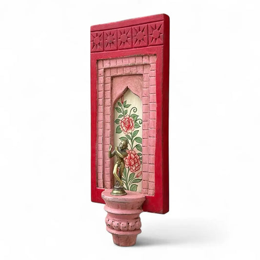 Hand-Painted Wooden Wall Decor Frame with Shelf – Red & Pink Arch Design