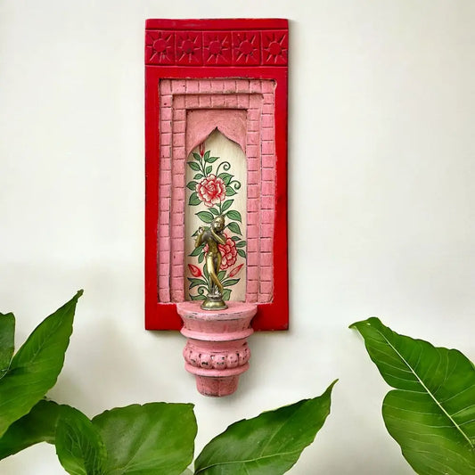 Hand-Painted Wooden Wall Decor Frame with Shelf – Red & Pink Arch Design