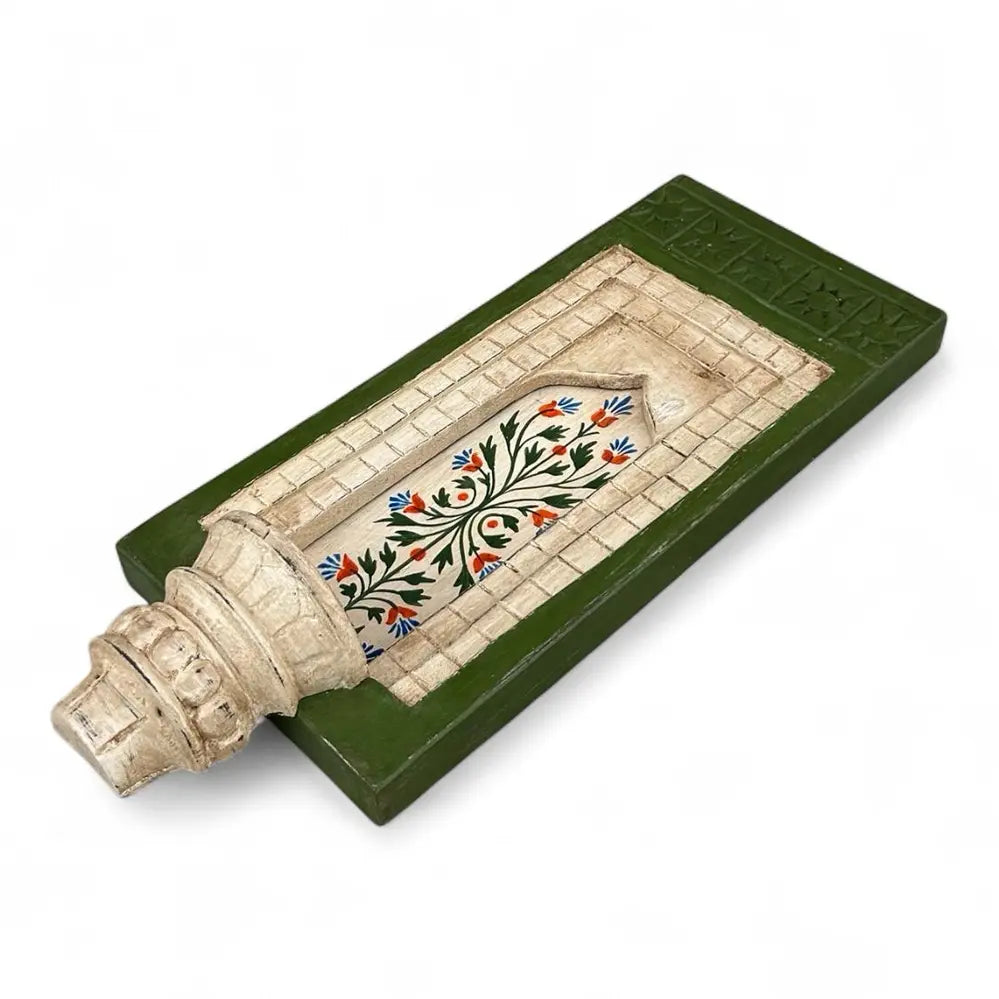 hand-painted wooden wall decor frame with shelf – green & white arch design