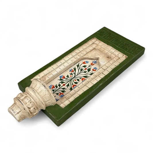 Hand-Painted Wooden Wall Decor Frame with Shelf – Green & White Arch Design