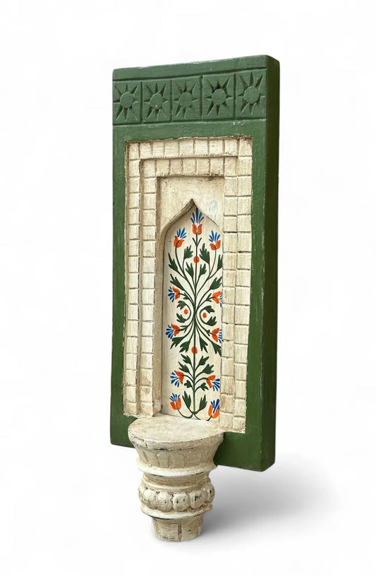 Hand-Painted Wooden Wall Decor Frame with Shelf – Green & White Arch Design