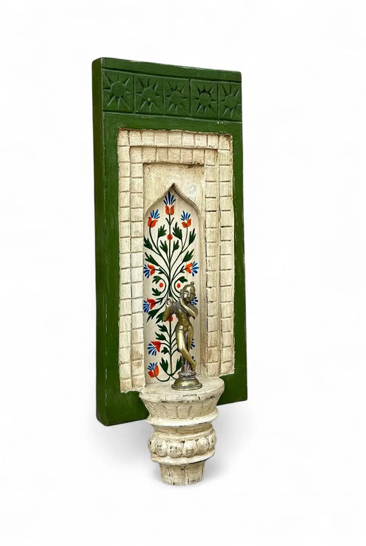 Hand-Painted Wooden Wall Decor Frame with Shelf – Green & White Arch Design