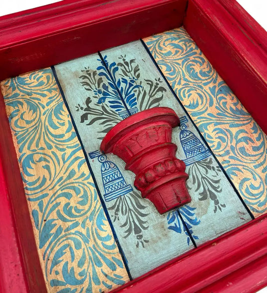 Hand-Painted Square Wooden Wall Frame with Shelf – Red Frame & Ornate Floral Backdrop 18 X 18 Inch