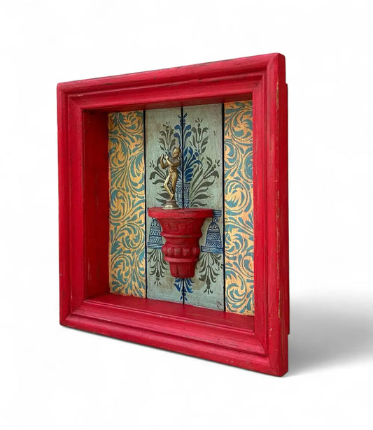 Hand-Painted Square Wooden Wall Frame with Shelf – Red Frame & Ornate Floral Backdrop 18 X 18 Inch