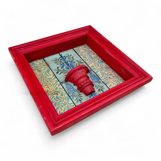 Hand-Painted Square Wooden Wall Frame with Shelf – Red Frame & Ornate Floral Backdrop 18 X 18 Inch