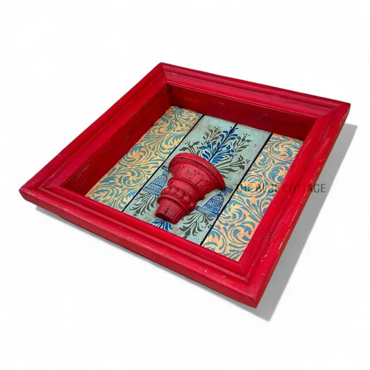 Hand-Painted Square Wooden Wall Frame with Shelf – Red Frame & Ornate Floral Backdrop 18 X 18 Inch