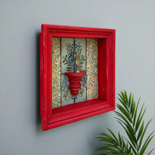 Hand-Painted Square Wooden Wall Frame with Shelf – Red Frame & Ornate Floral Backdrop 18 X 18 Inch