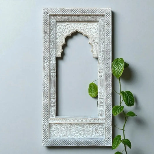 Vintage Distressed White Wooden Arch Wall Decor / Hand-Carved Indian Jharokha Mirror Frame