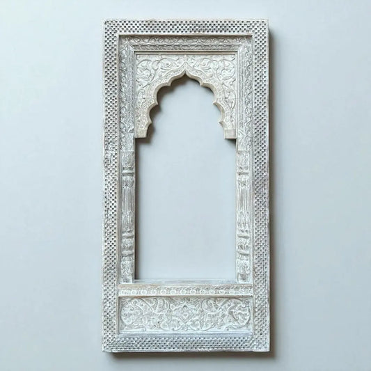 Vintage Distressed White Wooden Arch Wall Decor / Hand-Carved Indian Jharokha Mirror Frame