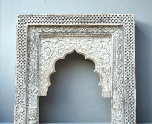 Vintage Distressed White Wooden Arch Wall Decor / Hand-Carved Indian Jharokha Mirror Frame