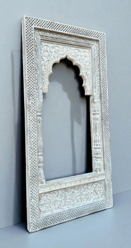 Vintage Distressed White Wooden Arch Wall Decor / Hand-Carved Indian Jharokha Mirror Frame