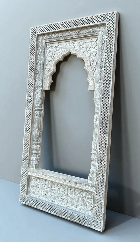 Vintage Distressed White Wooden Arch Wall Decor / Hand-Carved Indian Jharokha Mirror Frame