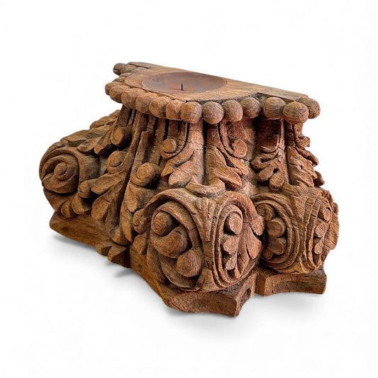 Antique Hand-Carved Wooden Pillar Base Candle Holder
