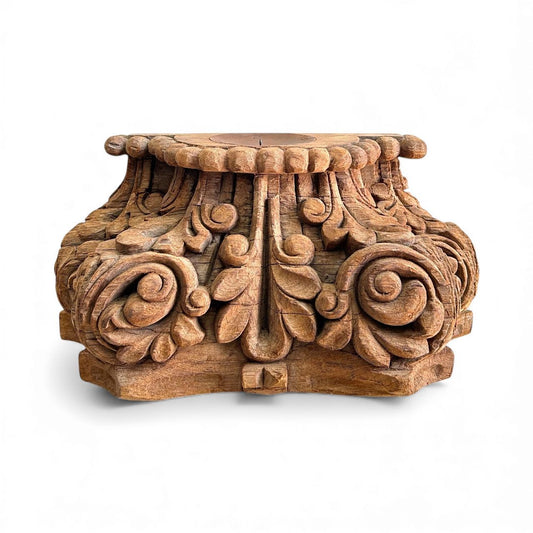 Antique Hand-Carved Wooden Pillar Base Candle Holder