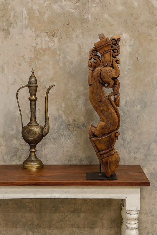 Handcrafted Wooden Bracket with Elephant Carving | Natural Wood Wall Decor |