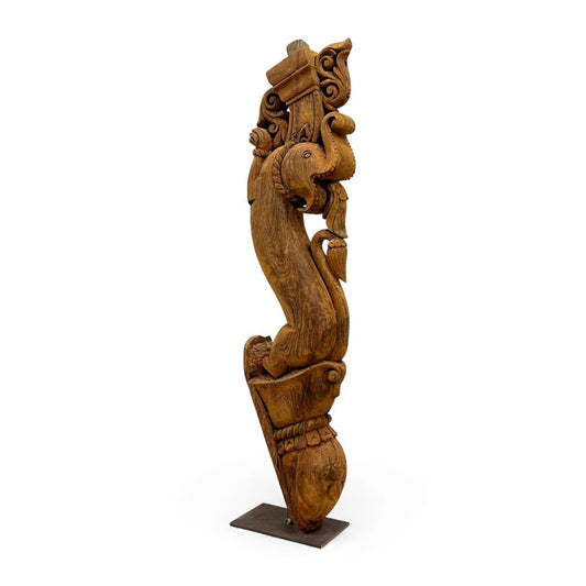 Handcrafted Wooden Bracket with Elephant Carving | Natural Wood Wall Decor |
