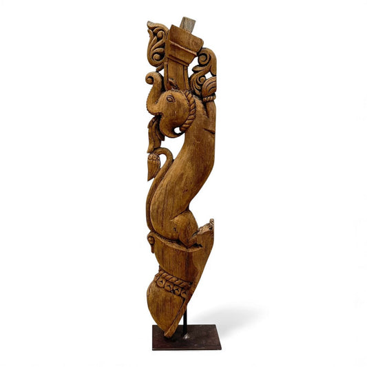 Handcrafted Wooden Bracket with Elephant Carving | Natural Wood Wall Decor |